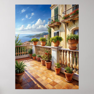 Poster Balcon méditerranéen vibrant Vue sur la mer Art