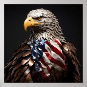 Poster Bald Eagle sculpture en métal avec drapeau américa