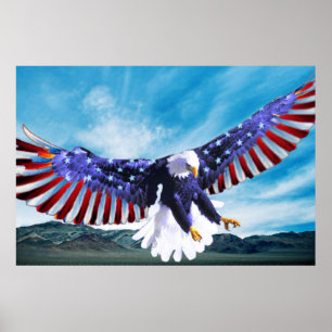 Poster Bald Eagle volant dans le ciel avec un drapeau amé