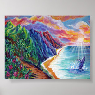 Poster Baleine à bosse d'Hawaï qui atteint le coucher du 