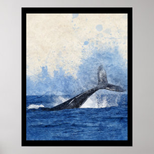 Poster Baleine bleue éclaboussant dans l'art océanique