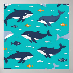 Poster Baleines dauphins motif océanique