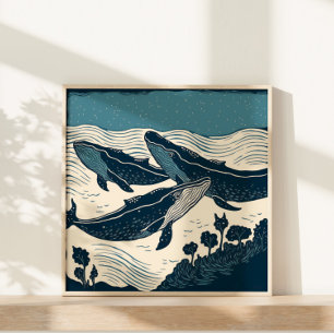 Poster Baleines Océan Marin Nature Linocut Nouvelle-Écoss