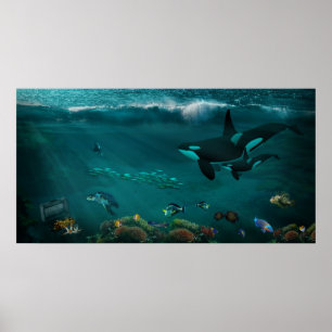 Poster Baleines tueuses de tortues de mer poissons sous-m