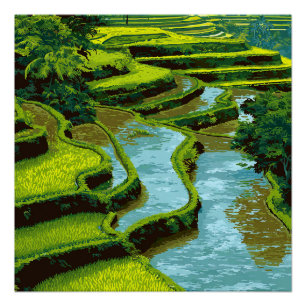 Poster Bali Indonésie Rizières Vertes Voyages Anciens