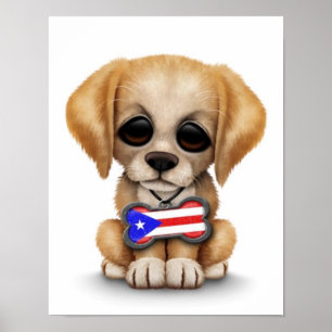 Poster Balise Chiot mignon avec Drapeau Portoricain, Blan