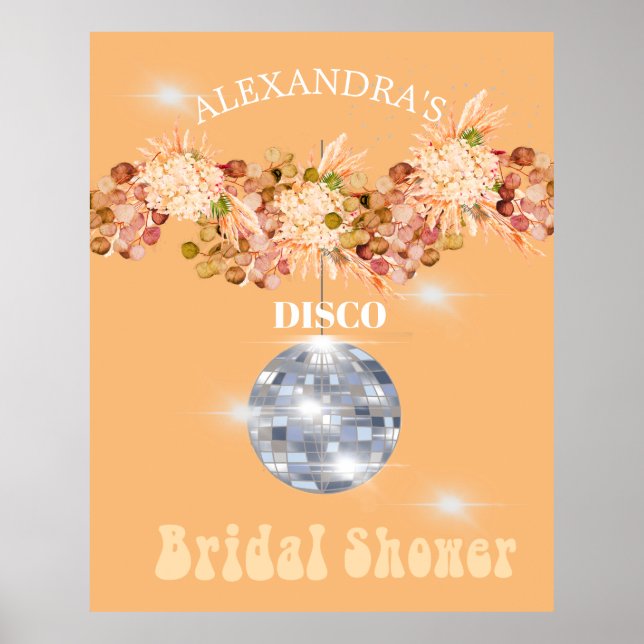 Poster Balle de disco orange floral Shower de mariage (Devant)