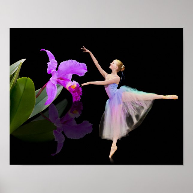 Poster Ballerina avec orchidée en noir (Devant)