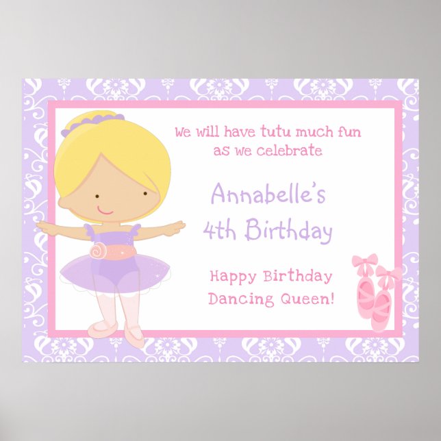 Poster Ballerine Blonde & Damassé Violet Anniversaire (Devant)