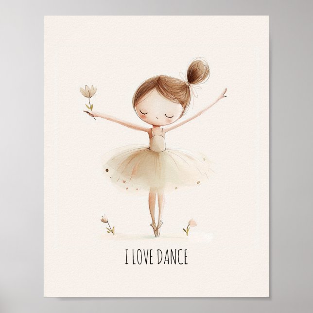 Poster Ballerine Mignonne Ballet J'Aime Danse Aquarelle (Devant)