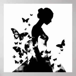 Poster Ballerine & Papillons Silhouette Noir & Blanc 