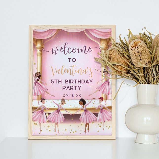 Poster Ballet rose et or scène Ballerina Party Bienvenue (Créateur téléchargé)