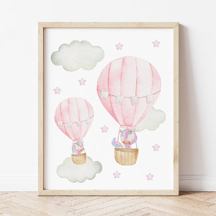 Poster Ballon à Air Chaud Rose, Licorne, Étoiles, Chambre