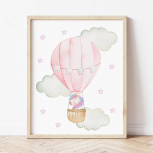 Poster Ballon à Air Chaud Rose, Licorne, Étoiles, Chambre