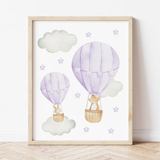 Poster Ballon Volant Violet, Animaux, Ours, Lapin