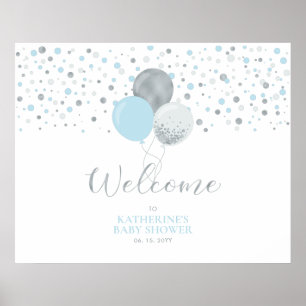 Poster Ballons Argent et Bleu Clair Bienvenue à la Baby