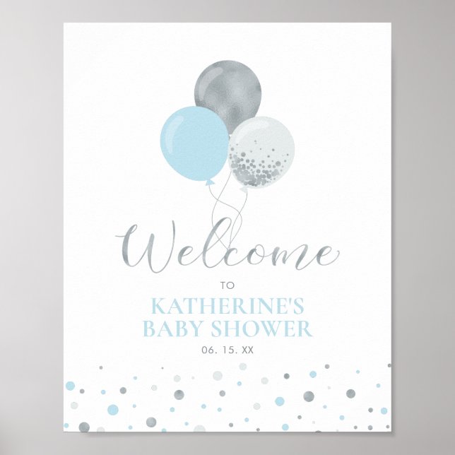 Poster Ballons argenté et bleu | Accueil Baby shower garç (Devant)