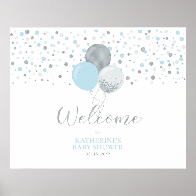 Poster Ballons argenté et bleu clair | Accueil Baby showe (Devant)