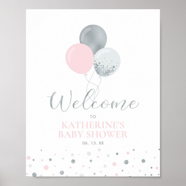 Poster Ballons argenté et rose | Accueil Baby shower fill (Devant)