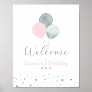 Poster Ballons argenté et rose Accueil Fille 1er annive