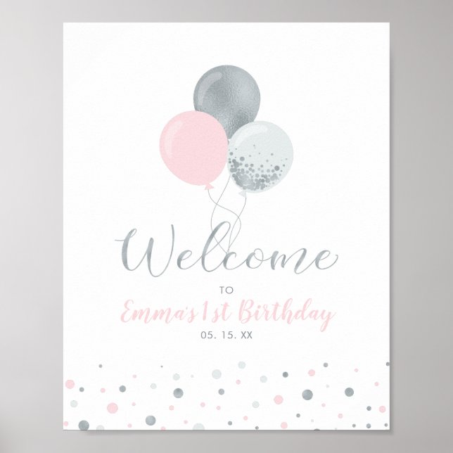 Poster Ballons argenté et rose | Accueil Fille 1er annive (Devant)