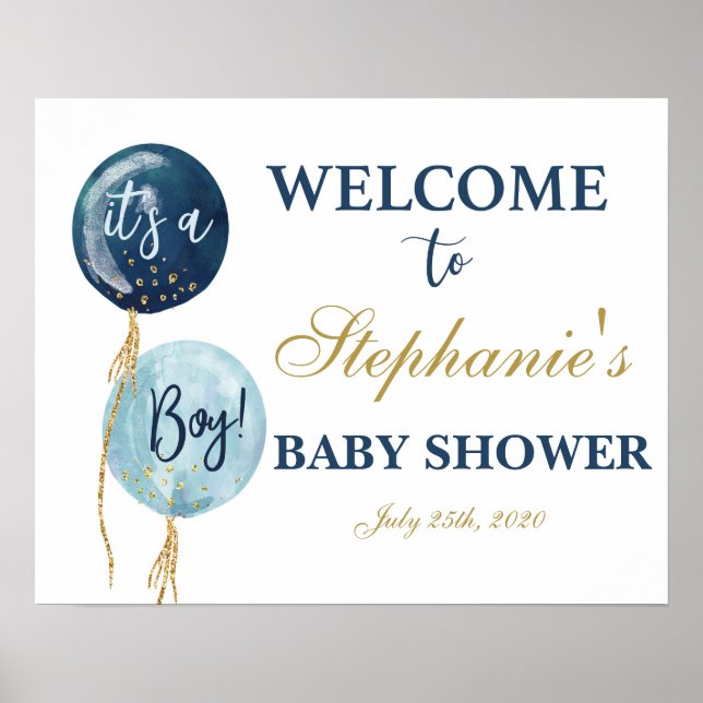 Poster Ballons bleu marine baby shower garçon signe de bi (Devant)