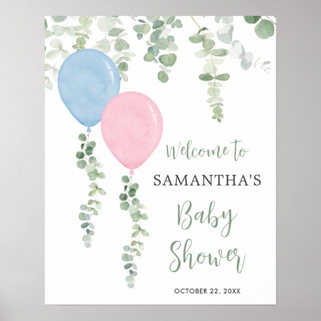 Poster Ballons bleu rose baby shower signe de bienvenue (Devant)