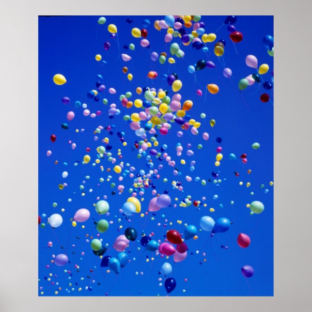 Poster ballons bleus en couleurs volants, (Devant)