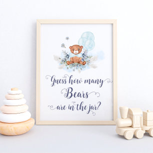Poster Ballons Bleus Ours Teddy Mignonne Devinez Combien 