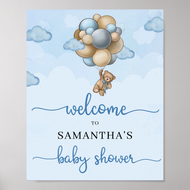 Poster Ballons brun bleu ours en peluche signe de bienven (Devant)