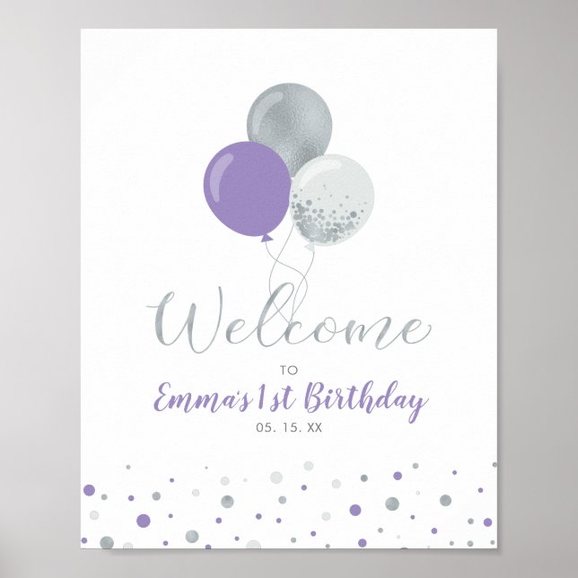 Poster Ballons d'argent et violet Fille 1er anniversaire  (Devant)