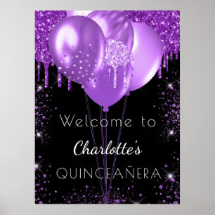 Poster Ballons de bienvenue à paillettes noirs et violets