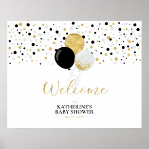Poster Ballons dorés et noirs Baby Shower Moderne Bienven