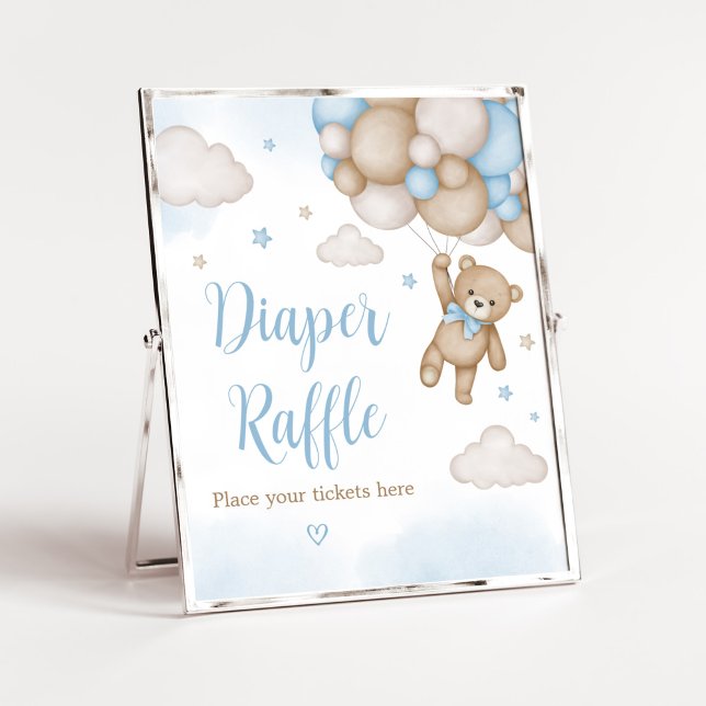 Poster Ballons d'ours Bleu Baby shower Déchets Raffin (Blue Bear Baby Shower Diaper Raffle Sign)