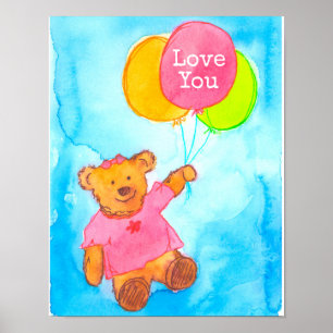 Poster Ballons d'ours en Teddy rose Vous Aimez