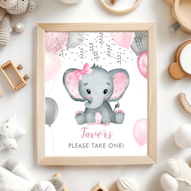 Poster Ballons Eléphants Fille Mignonne Baby shower Faveu (Cute Girl Elephant Balloons Baby Shower Favors Poster)