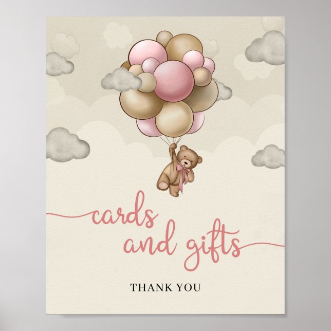 Poster Ballons en peluche brun rose brun, cartes et signe (Devant)