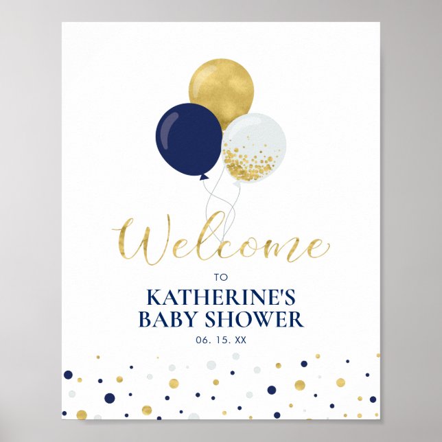 Poster Ballons Gold & Navy | Accueil Baby shower garçon (Devant)