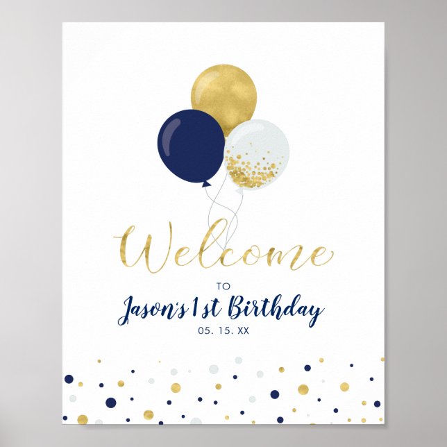 Poster Ballons Gold & Navy | Accueil du garçon 1er annive (Devant)