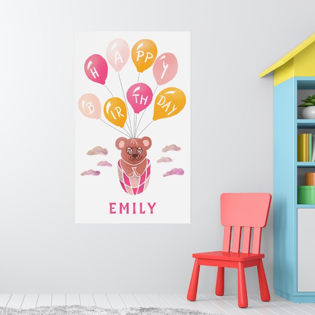 Poster Ballons Ours Teddy Mignonne Fille Fête d'anniversa (Pépinière 1)