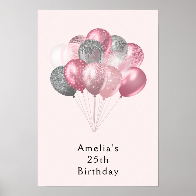 Poster Ballons parties scintillant Anniversaire rose et a (Devant)