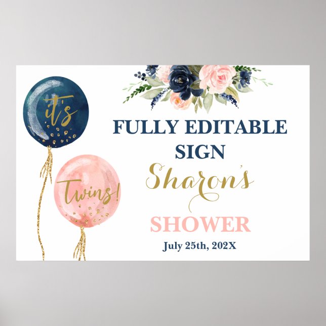 Poster Ballons rose et bleu baby shower Twins (Devant)