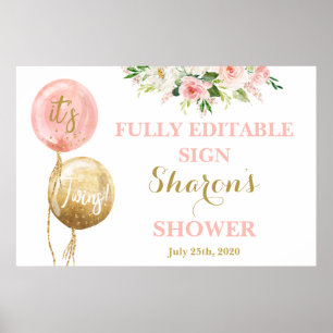 Poster ballons rose et or baby shower jumelles
