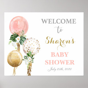 Poster Ballons roses baby shower fille signe de bienvenue