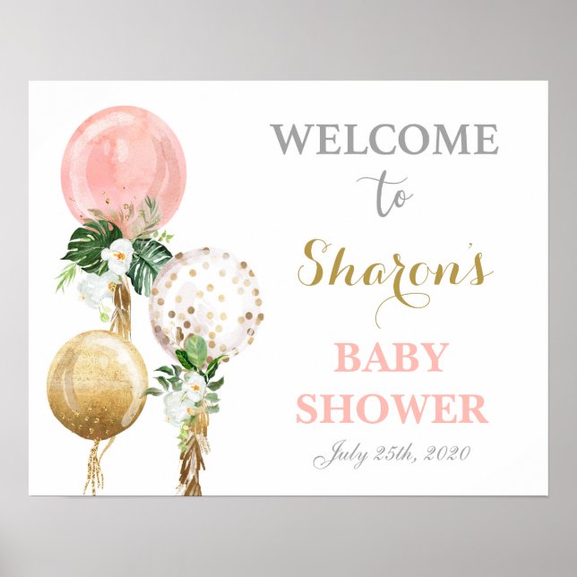 Poster Ballons roses baby shower fille signe de bienvenue (Devant)