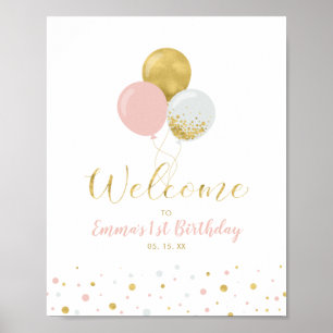Poster Ballons roses et or Bienvenue pour le 1er annive