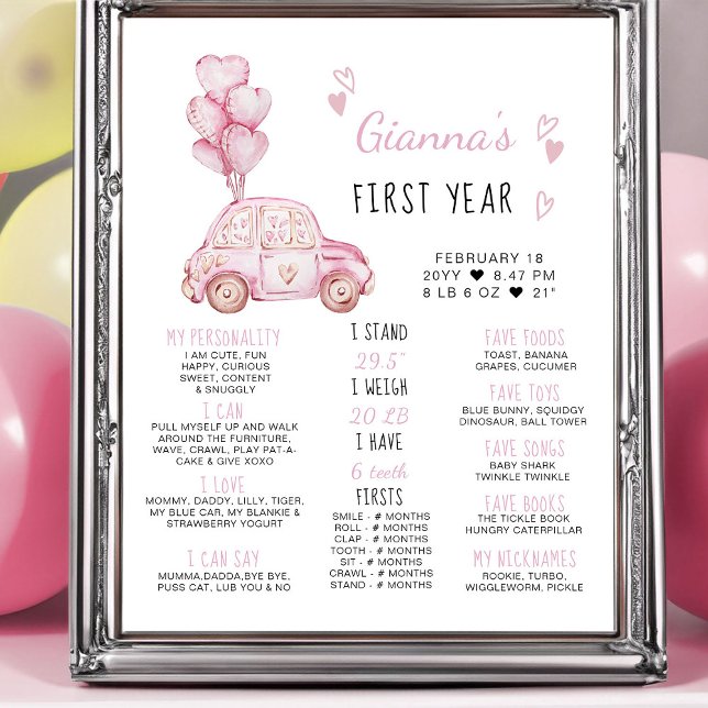 Poster Ballons roses et voiture 1er anniversaire Jalon (Girls First Birthday Milestone Poster - from my Car and Balloons Valentine Birthday Collection)