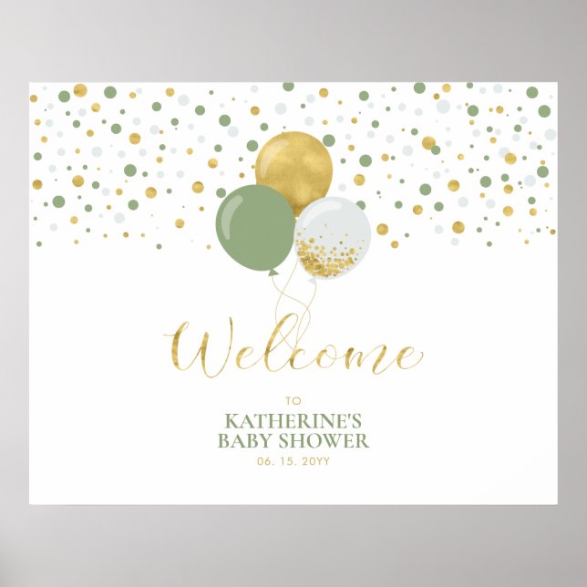 Poster Ballons verts Gold & Sage | Accueil Baby shower (Devant)