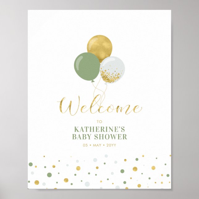 Poster Ballons verts Gold Sage | Accueil Baby shower garç (Devant)