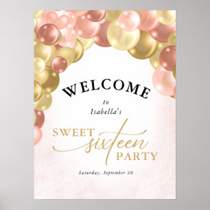Poster Balloon Arch rose et or Sweet 16 Party Bienvenue